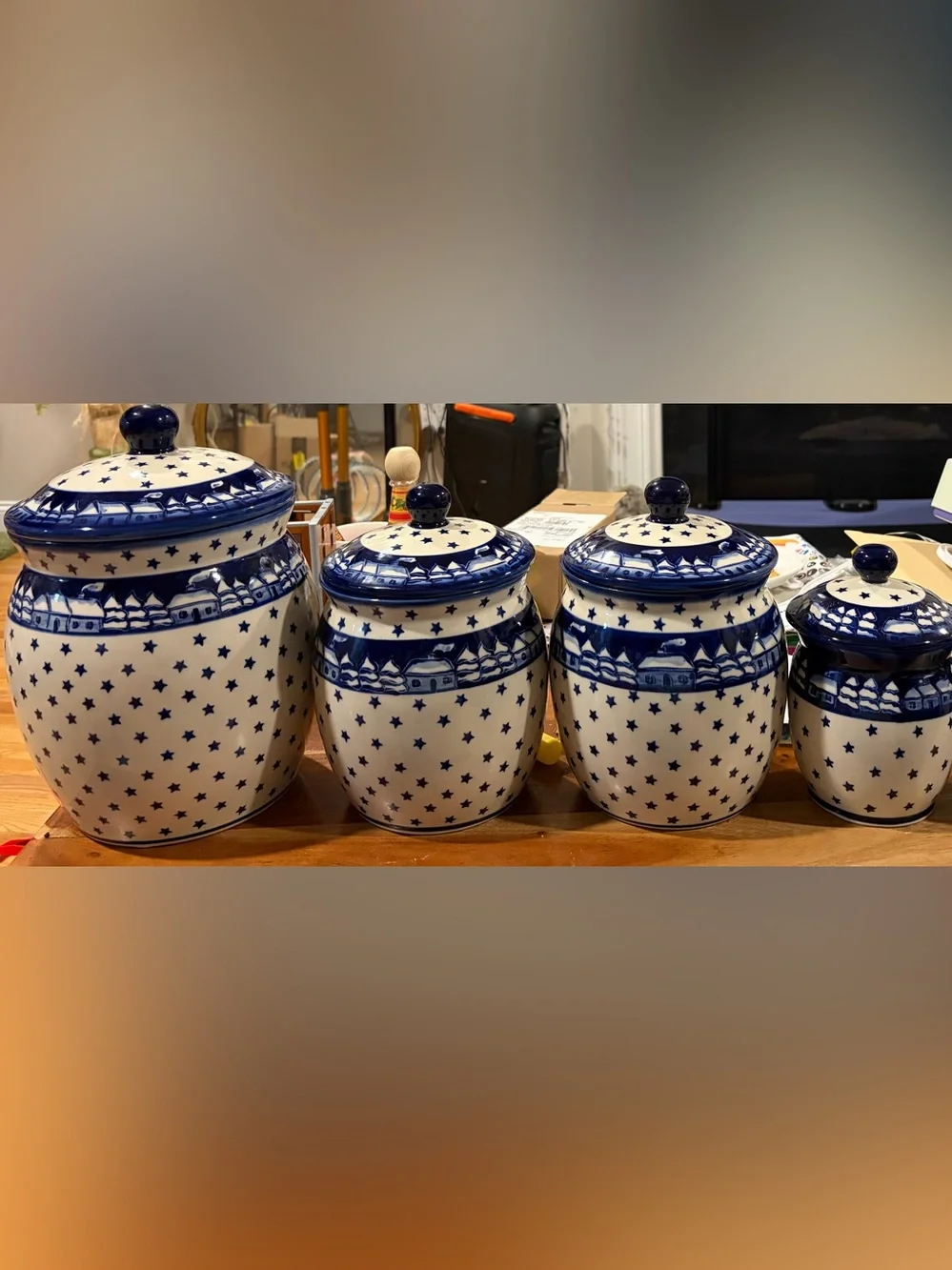 Blue/White Star Polish Stoneware  Ceramic Canisters set Winters Eve vintage